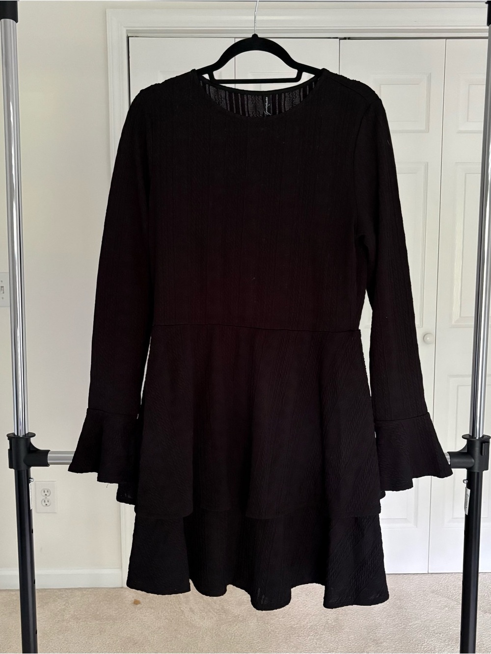 Black Long-Sleeve Tiered Peplum Dress by
